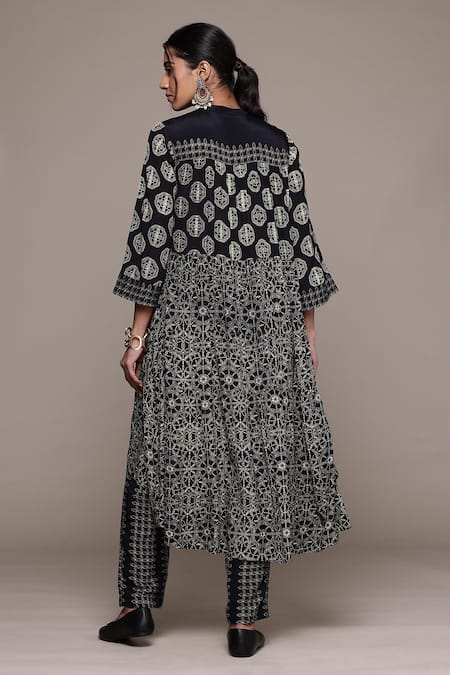 Shop_Ritu Kumar_Black Viscose, Crepe Sequins Round Neck Printed Saatchi Kurta Set _at_Aza_Fashions
