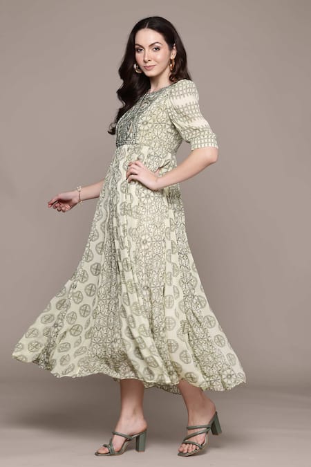Ritu Kumar Green Viscose, Chiffon Embroidery Round Neck Saatchi Midi Dress Online at Aza Fashions Ritu Kumar_Green Viscose, Chiffon Embroidery Round Neck Saatchi Midi Dress _Online_at_Aza_Fashions