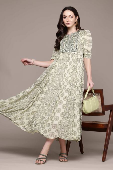 Buy Ritu Kumar Green Viscose, Chiffon Embroidery Round Neck Saatchi Midi Dress Online at Aza Fashions Buy_Ritu Kumar_Green Viscose, Chiffon Embroidery Round Neck Saatchi Midi Dress _Online_at_Aza_Fashions