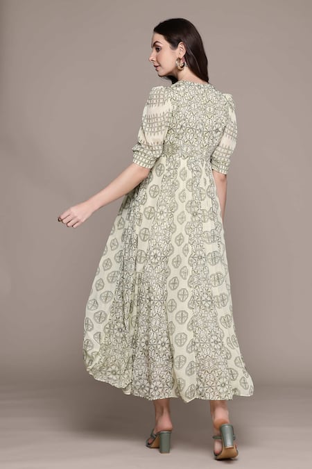 Shop Ritu Kumar Green Viscose, Chiffon Embroidery Round Neck Saatchi Midi Dress at Aza Fashions Shop_Ritu Kumar_Green Viscose, Chiffon Embroidery Round Neck Saatchi Midi Dress _at_Aza_Fashions