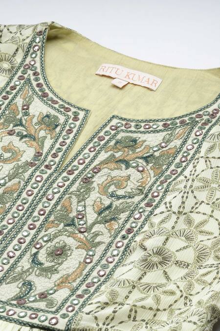 Ritu Kumar Green Viscose, Chiffon Embroidery Round Neck Saatchi Midi Dress at Aza Fashions Ritu Kumar_Green Viscose, Chiffon Embroidery Round Neck Saatchi Midi Dress _at_Aza_Fashions