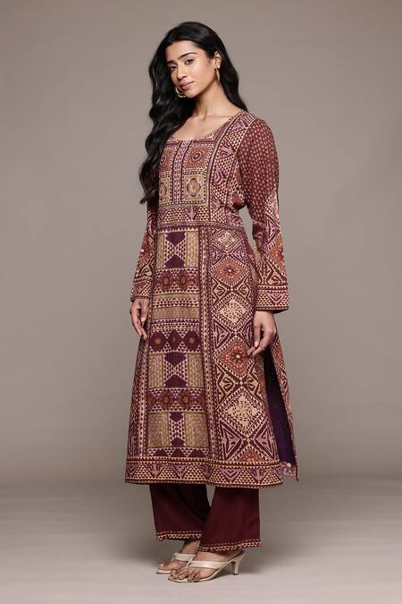 Ritu Kumar_Red Cotton Embroidery Round Neck Sona Printed Kurta Set With Pant And Dupatta _Online_at_Aza_Fashions