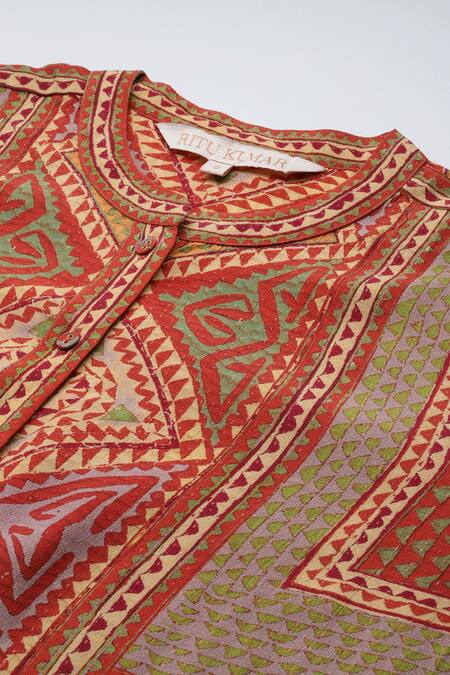 Buy_Ritu Kumar_Orange Viscose Round Neck Rust Sona Kurta And Pant Co-ord Set _Online_at_Aza_Fashions