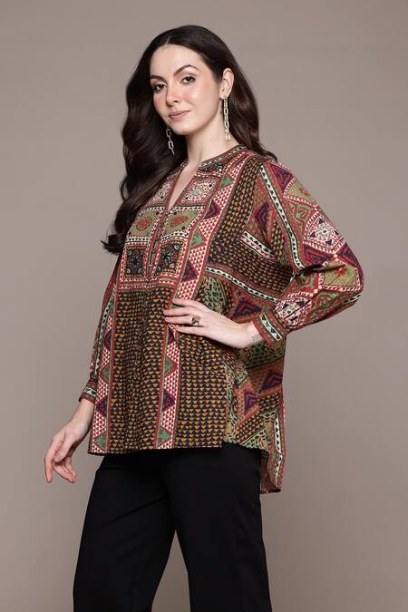 Ritu Kumar_Multi Color Cotton Embroidery Split V-neck Sona Printed Shirt_Online_at_Aza_Fashions