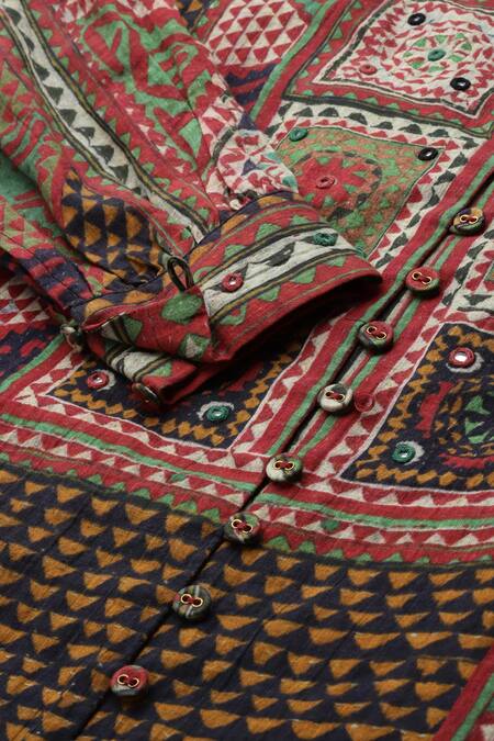 Buy_Ritu Kumar_Multi Color Cotton Embroidery Split V-neck Sona Printed Shirt_Online_at_Aza_Fashions