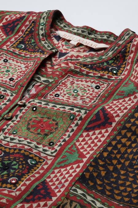 Shop_Ritu Kumar_Multi Color Cotton Embroidery Split V-neck Sona Printed Shirt_Online_at_Aza_Fashions