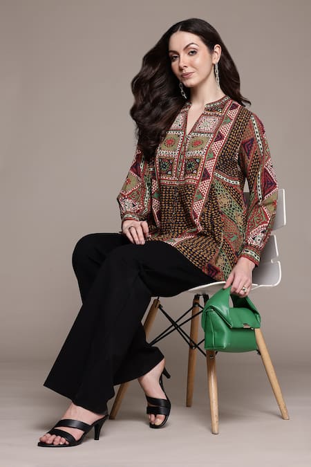 Ritu Kumar_Multi Color Cotton Embroidery Split V-neck Sona Printed Shirt_at_Aza_Fashions