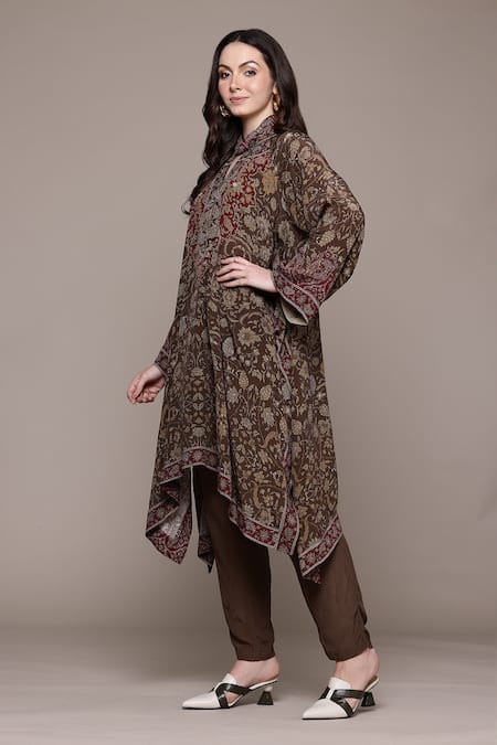 Ritu Kumar_Brown Cotton Embroidery Keyhole Neck Printed Kurta Set _Online_at_Aza_Fashions