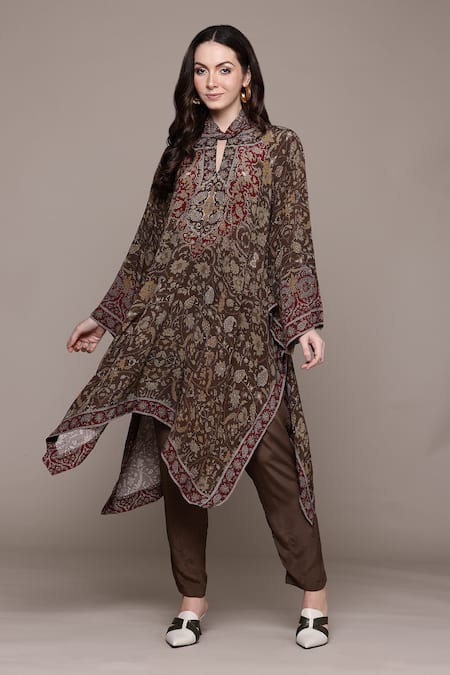 Shop_Ritu Kumar_Brown Cotton Embroidery Keyhole Neck Printed Kurta Set _Online_at_Aza_Fashions