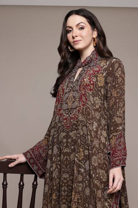 Ritu Kumar_Brown Cotton Embroidery Keyhole Neck Printed Kurta Set _at_Aza_Fashions