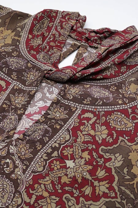 Buy_Ritu Kumar_Brown Cotton Embroidery Keyhole Neck Printed Kurta Set 