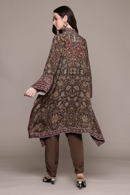 Shop_Ritu Kumar_Brown Cotton Embroidery Keyhole Neck Printed Kurta Set _at_Aza_Fashions