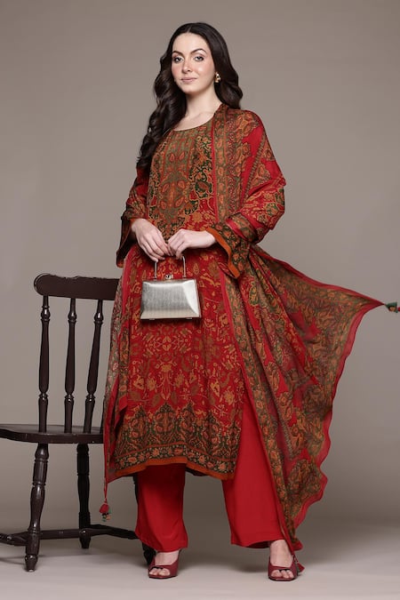 Ritu Kumar_Red Cotton Embroidery, Tassels Round Neck Sonmarg Printed Kurta Set _Online_at_Aza_Fashions