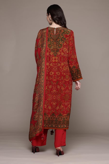 Shop_Ritu Kumar_Red Cotton Embroidery, Tassels Round Neck Sonmarg Printed Kurta Set _at_Aza_Fashions