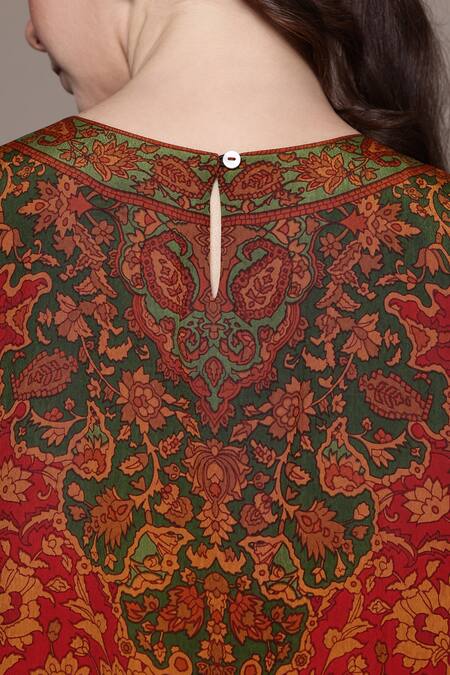 Ritu Kumar_Red Cotton Embroidery, Tassels Round Neck Sonmarg Printed Kurta Set _at_Aza_Fashions