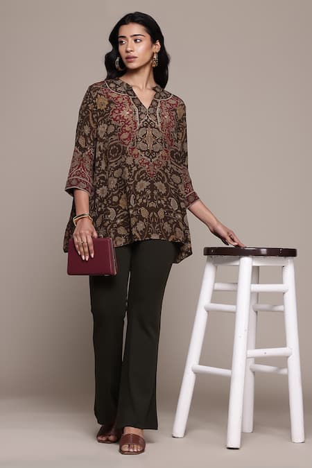 Ritu Kumar Brown Viscose Embroidery V-neck Sonmarg Printed Kurti Online at Aza Fashions Ritu Kumar_Brown Viscose Embroidery V-neck Sonmarg Printed Kurti_Online_at_Aza_Fashions