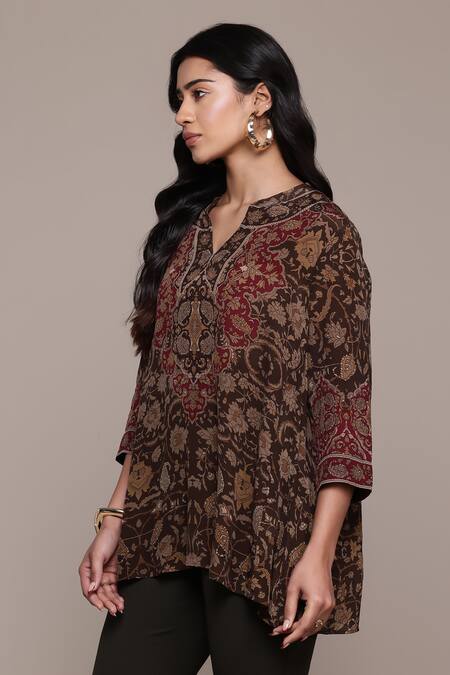 Buy Ritu Kumar Brown Viscose Embroidery V-neck Sonmarg Printed Kurti Online at Aza Fashions Buy_Ritu Kumar_Brown Viscose Embroidery V-neck Sonmarg Printed Kurti_Online_at_Aza_Fashions
