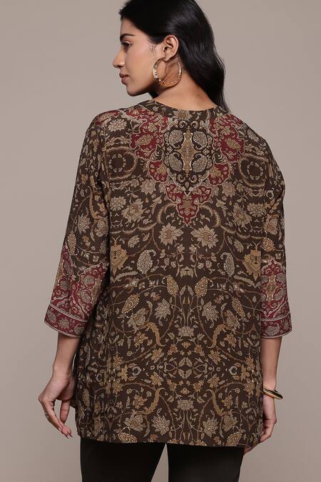Shop Ritu Kumar Brown Viscose Embroidery V-neck Sonmarg Printed Kurti at Aza Fashions Shop_Ritu Kumar_Brown Viscose Embroidery V-neck Sonmarg Printed Kurti_at_Aza_Fashions
