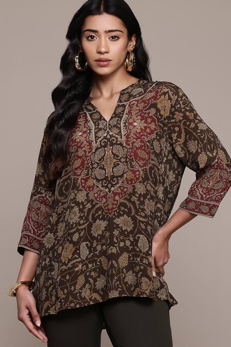 Shop Ritu Kumar Brown Viscose Embroidery V-neck Sonmarg Printed Kurti Online at Aza Fashions Shop_Ritu Kumar_Brown Viscose Embroidery V-neck Sonmarg Printed Kurti_Online_at_Aza_Fashions