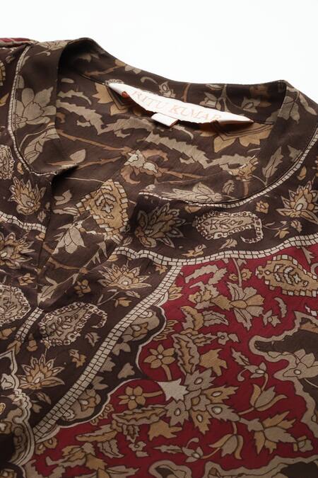 Ritu Kumar Brown Viscose Embroidery V-neck Sonmarg Printed Kurti at Aza Fashions Ritu Kumar_Brown Viscose Embroidery V-neck Sonmarg Printed Kurti_at_Aza_Fashions