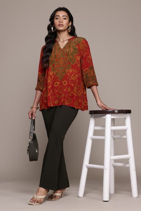 Ritu Kumar Red Viscose, Crepe Round Neck Printed Sonmarg Kurti Online at Aza Fashions Ritu Kumar_Red Viscose, Crepe Round Neck Printed Sonmarg Kurti _Online_at_Aza_Fashions