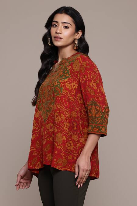 Buy Ritu Kumar Red Viscose, Crepe Round Neck Printed Sonmarg Kurti Online at Aza Fashions Buy_Ritu Kumar_Red Viscose, Crepe Round Neck Printed Sonmarg Kurti _Online_at_Aza_Fashions