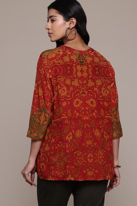 Shop Ritu Kumar Red Viscose, Crepe Round Neck Printed Sonmarg Kurti at Aza Fashions Shop_Ritu Kumar_Red Viscose, Crepe Round Neck Printed Sonmarg Kurti _at_Aza_Fashions