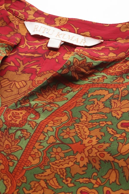 Shop Ritu Kumar Red Viscose, Crepe Round Neck Printed Sonmarg Kurti Online at Aza Fashions Shop_Ritu Kumar_Red Viscose, Crepe Round Neck Printed Sonmarg Kurti _Online_at_Aza_Fashions