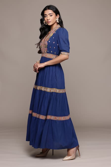 Ritu Kumar_Blue Cotton Embroidery V-neck Maxi Dress _Online_at_Aza_Fashions