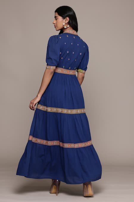 Shop_Ritu Kumar_Blue Cotton Embroidery V-neck Maxi Dress _at_Aza_Fashions