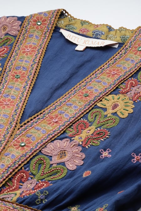 Shop_Ritu Kumar_Blue Cotton Embroidery V-neck Maxi Dress _Online_at_Aza_Fashions