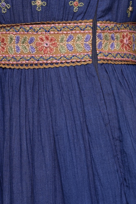 Ritu Kumar_Blue Cotton Embroidery V-neck Maxi Dress _at_Aza_Fashions