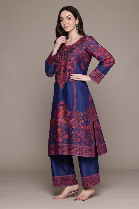 Ritu Kumar_Blue Viscose Embroidery Round Neck Zuri Floral Print Kurta Set _Online_at_Aza_Fashions