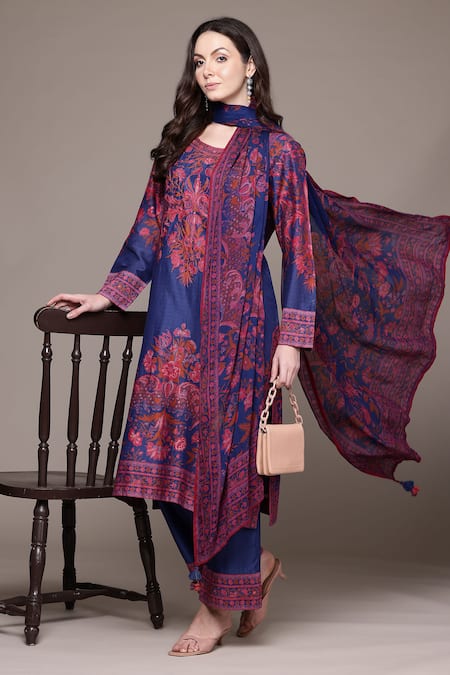 Shop_Ritu Kumar_Blue Viscose Embroidery Round Neck Zuri Floral Print Kurta Set _Online_at_Aza_Fashions