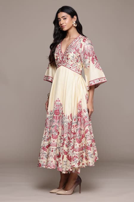 Ritu Kumar Off White Cotton, Silk Embroidery V-neck Midi Dress Online at Aza Fashions Ritu Kumar_Off White Cotton, Silk Embroidery V-neck Midi Dress _Online_at_Aza_Fashions