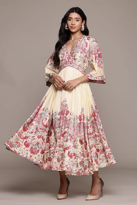 Buy Ritu Kumar Off White Cotton, Silk Embroidery V-neck Midi Dress Online at Aza Fashions Buy_Ritu Kumar_Off White Cotton, Silk Embroidery V-neck Midi Dress _Online_at_Aza_Fashions