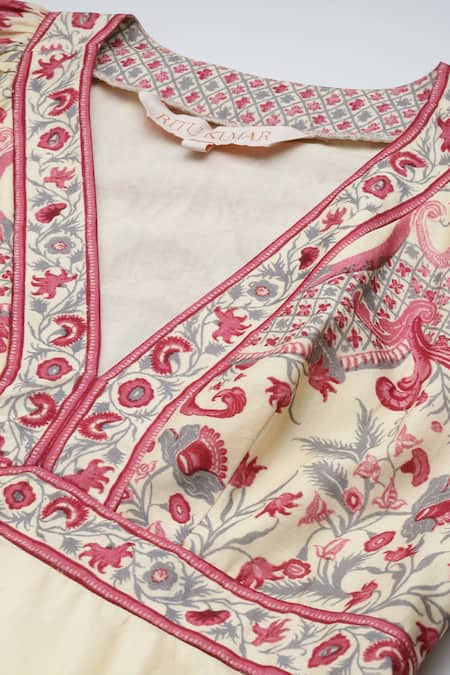 Shop Ritu Kumar Off White Cotton, Silk Embroidery V-neck Midi Dress Online at Aza Fashions Shop_Ritu Kumar_Off White Cotton, Silk Embroidery V-neck Midi Dress _Online_at_Aza_Fashions