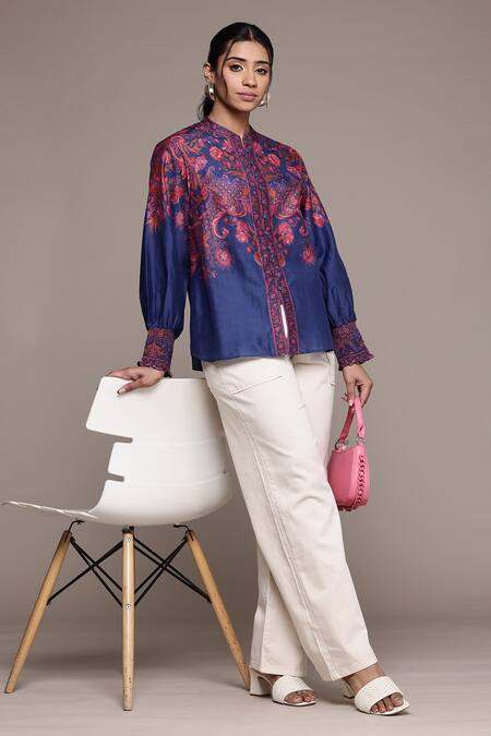 Ritu Kumar_Blue Cotton, Silk Embroidery Collared Zuri Designer Shirt With Floral Print _Online_at_Aza_Fashions