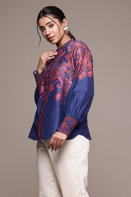 Buy_Ritu Kumar_Blue Cotton, Silk Embroidery Collared Zuri Designer Shirt With Floral Print _Online_at_Aza_Fashions