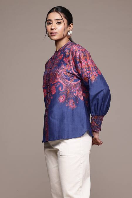 Shop_Ritu Kumar_Blue Cotton, Silk Embroidery Collared Zuri Designer Shirt With Floral Print _Online_at_Aza_Fashions
