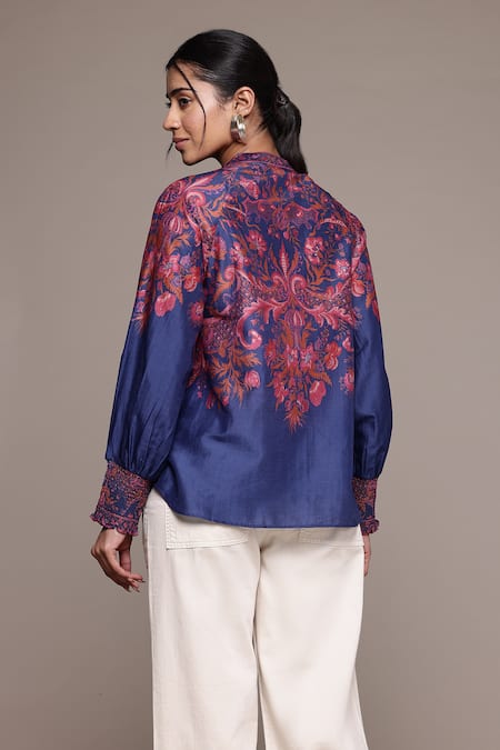 Shop_Ritu Kumar_Blue Cotton, Silk Embroidery Collared Zuri Designer Shirt With Floral Print _at_Aza_Fashions