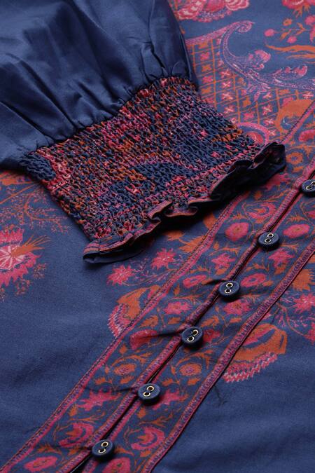 Ritu Kumar_Blue Cotton, Silk Embroidery Collared Zuri Designer Shirt With Floral Print _at_Aza_Fashions