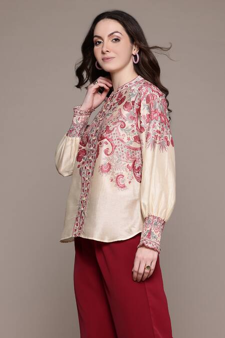 Ritu Kumar_Off White Cotton Embroidery Collared Zuri Shirt _Online_at_Aza_Fashions