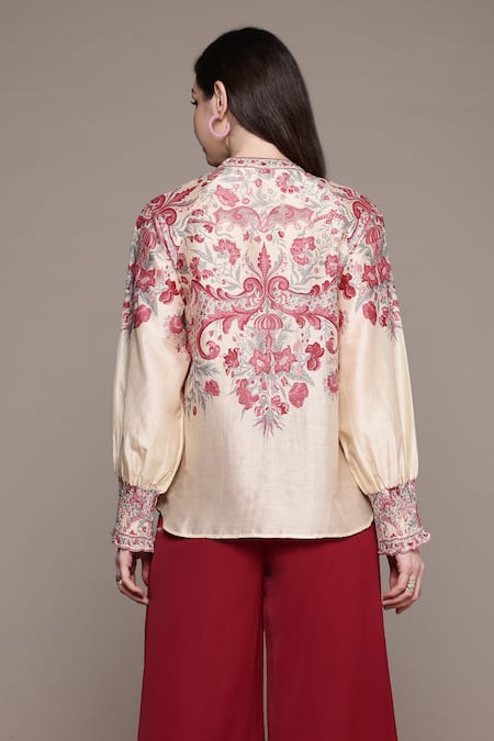 Shop_Ritu Kumar_Off White Cotton Embroidery Collared Zuri Shirt _at_Aza_Fashions