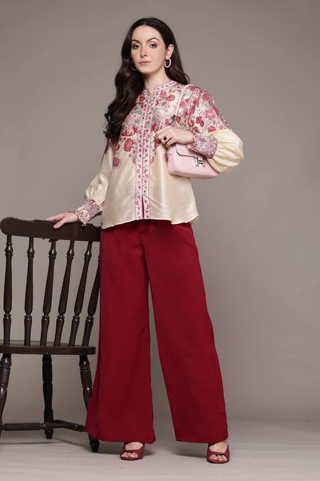 Buy_Ritu Kumar_Off White Cotton Embroidery Collared Zuri Shirt _Online_at_Aza_Fashions