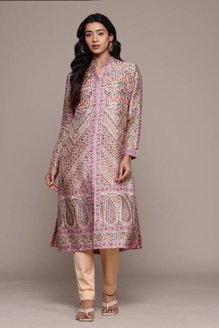 Buy_Ritu Kumar_Off White Silk Embroidery Round Neck Flowret Kurta Set With Pant _Online_at_Aza_Fashions