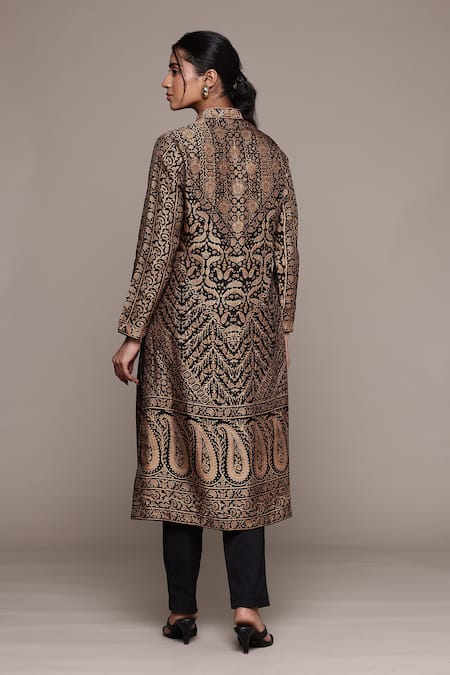 Shop_Ritu Kumar_Beige Cotton Embroidery Mandarin Collar And Black Flowret Kurta Set _at_Aza_Fashions