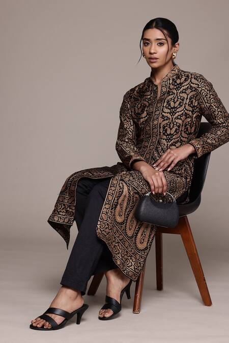 Shop_Ritu Kumar_Beige Cotton Embroidery Mandarin Collar And Black Flowret Kurta Set _Online_at_Aza_Fashions