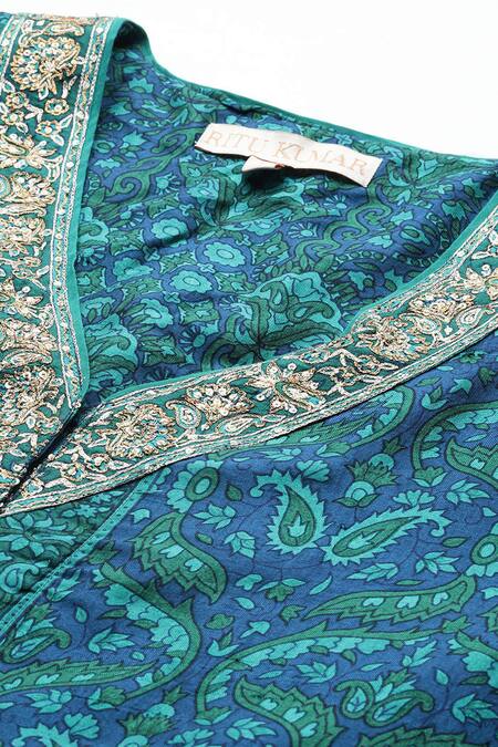 Ritu Kumar Blue Cotton Embroidery V-neck Flowret K Kurta Set Online at Aza Fashions Ritu Kumar_Blue Cotton Embroidery V-neck Flowret K Kurta Set _Online_at_Aza_Fashions