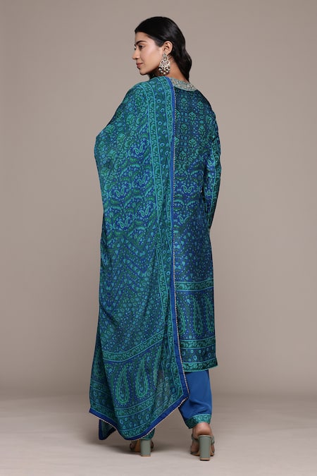 Shop Ritu Kumar Blue Cotton Embroidery V-neck Flowret K Kurta Set at Aza Fashions Shop_Ritu Kumar_Blue Cotton Embroidery V-neck Flowret K Kurta Set _at_Aza_Fashions